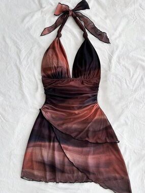 Halter-Neck Sunset Satin Halter Mini Dress - Rust Brown